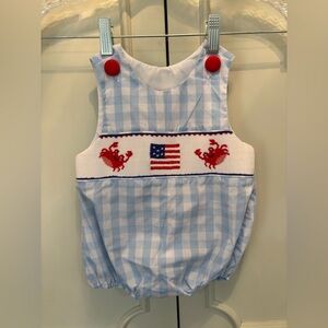 Stitchy Fish Light Blue Gingham Baby Romper with Flag & Crab Smocking (9 month)